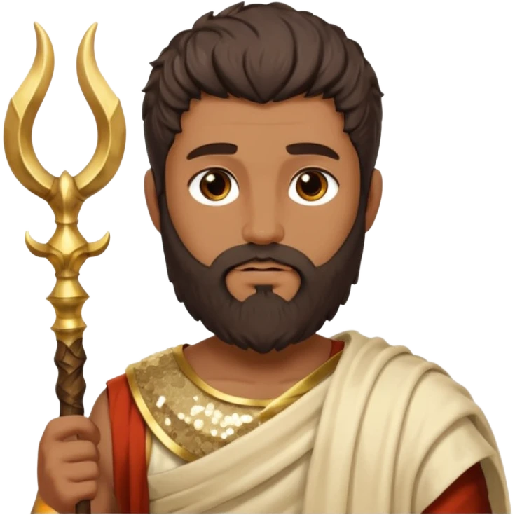 Faunus, God from Nature Roman Deities with long dark brown hair and beard, tan sequin toga, ivory horn emoji