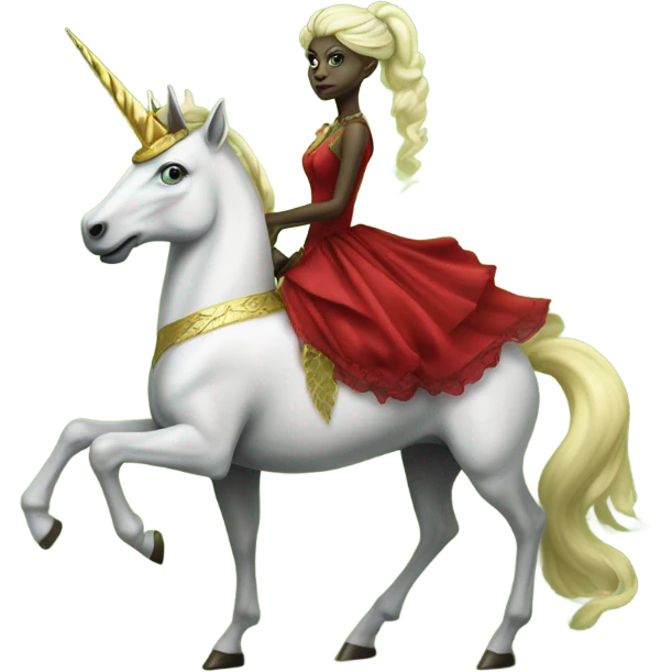 "galora green blonde alien woman" in red Victorian elegant dress, full body, rides unicorn gold and white
 emoji