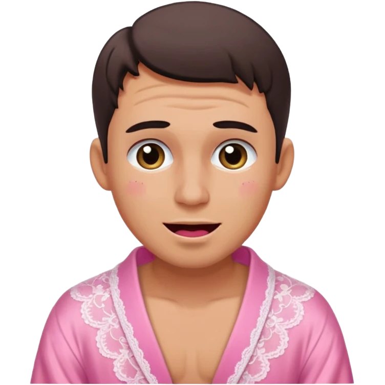 male getting sissified in lingerie by his smug wife. the wife is crying with laughter. she is doing the males makeup emoji