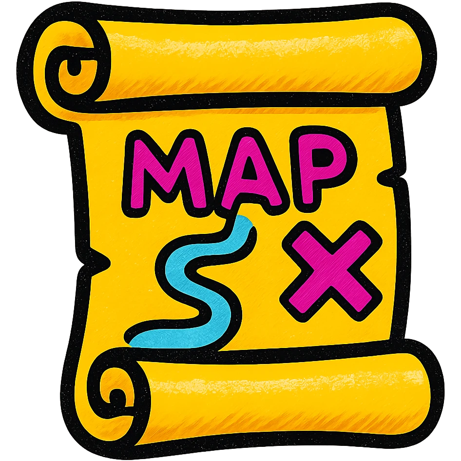 A map scroll emoji with a modern, clean design, featuring bright colors and clear, legible text. emoji