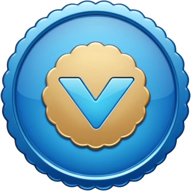 A blue scalloped circle with a verified thing emoji