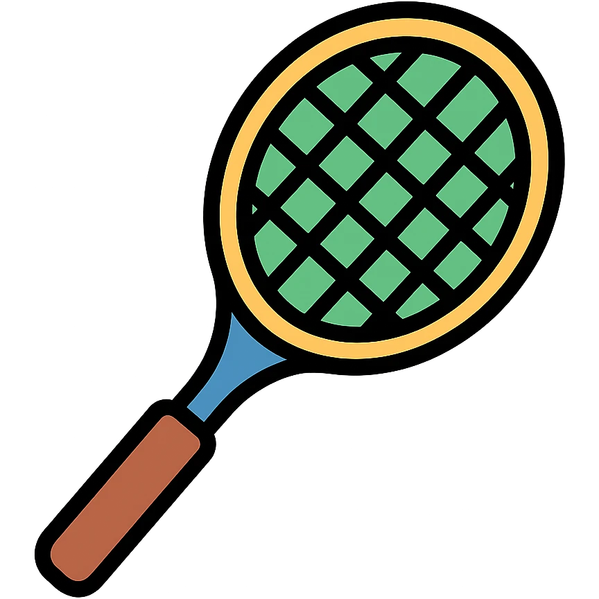 tennis racket, color icon style, classic look, brown handle and green strings emoji