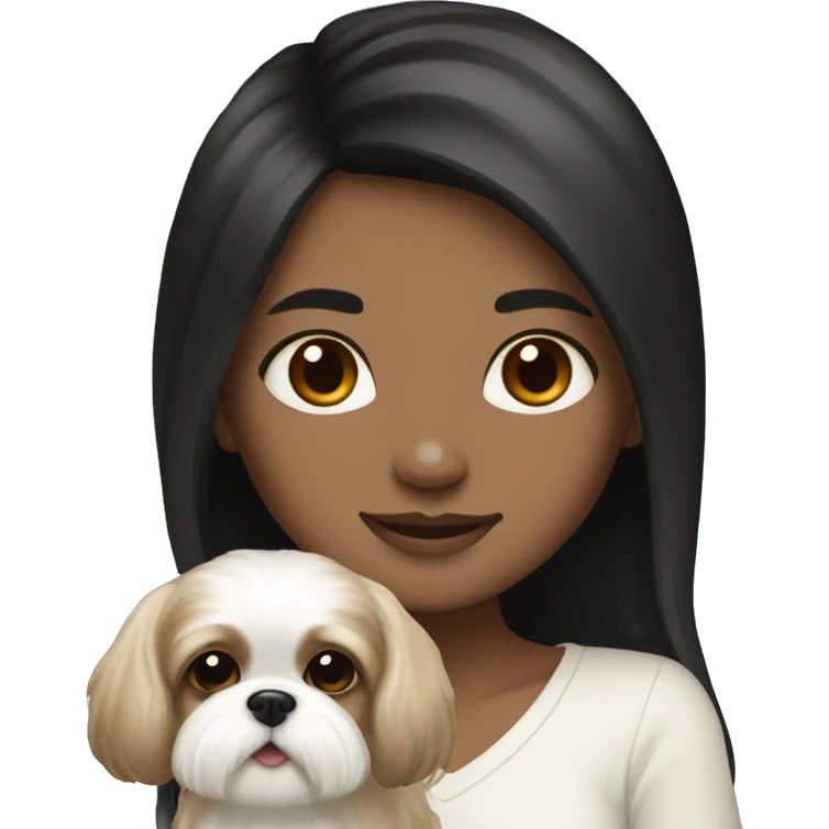 Tan girl, with long black hair, holding white shih tzu with light brown spots emoji