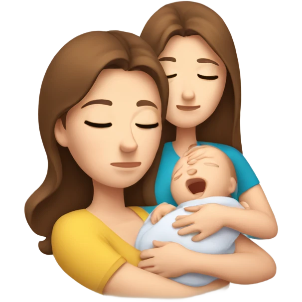  tired caucasian mother with brown hair, ,  holding newborn baby emoji