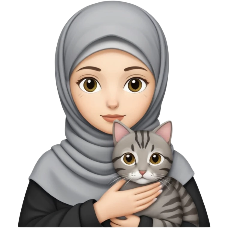 White girl wearing hijab holding a black and grey tabby cat emoji