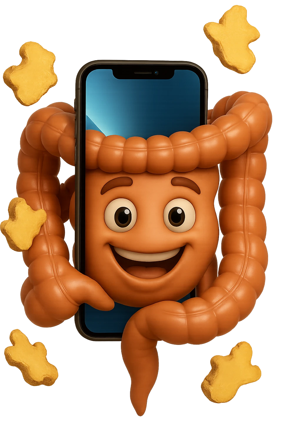 emoji stile iphone 3d di piccoli pezzi di zenzero che fluttuano in aria con pezzi di colon arrotolati intorno, iperrealistico 4k emoji