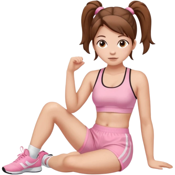 A woman with brown hair in two ponytails. Wearing a light pink sports bra and light pink elasticated shorts, she sat down as a member.  emoji