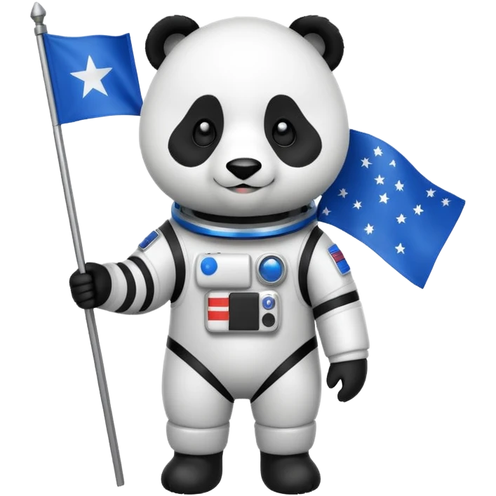 a panda in space suit, holding blue rectangle flag emoji