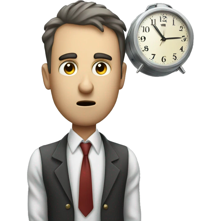 Tall man with alarm clock for head swept by tornado emoji