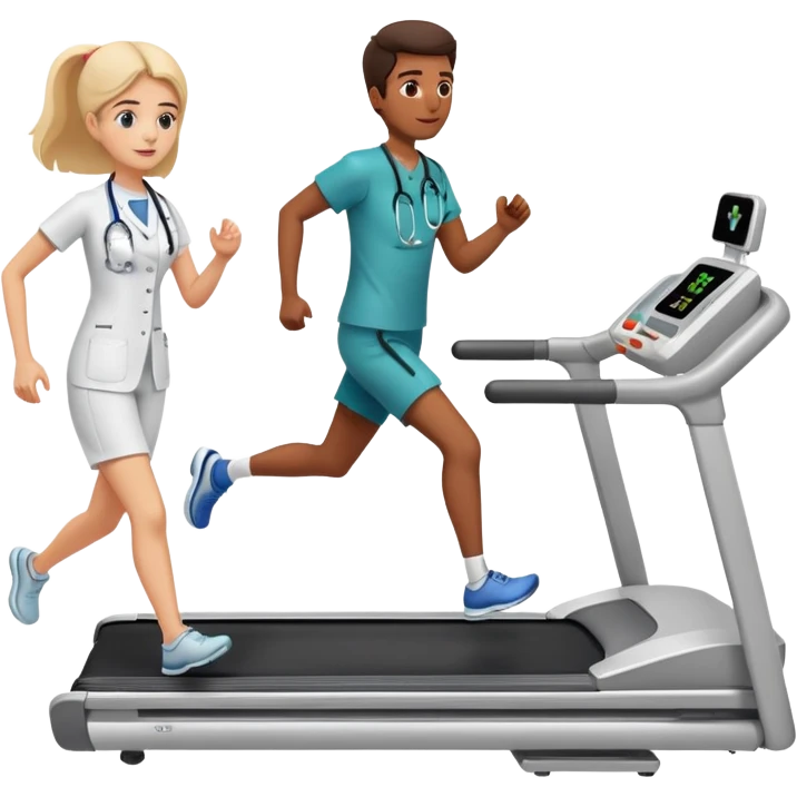 patient running on a treadmill, heart monitor display, and a doctor nearby emoji