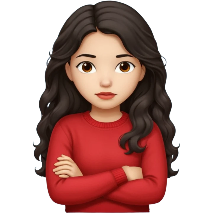 Hispanic girl dark long wavy hair crossing her arms with slight pout emoji