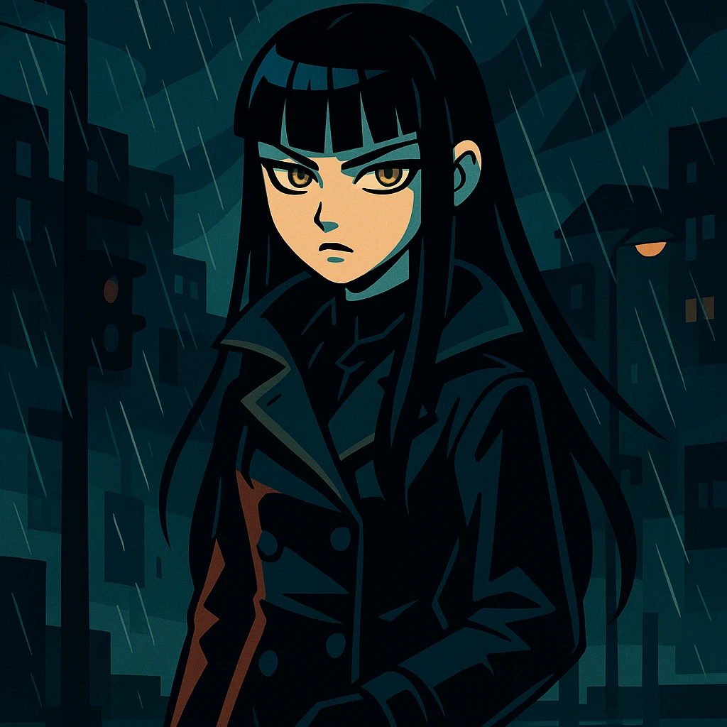 gothic shoujo anime girl named EchoMoon, long black hair, sharp bangs, pale skin, amber green eyes, cold expression, dark raincoat, gloves, standing in rainy urban setting, dramatic lighting, ultra-detailed, moody, dark palette emoji