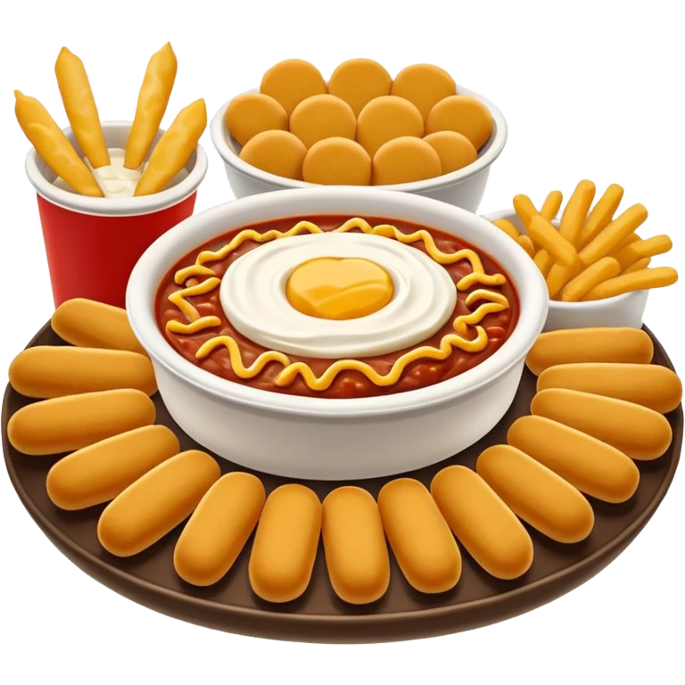 iOS 18 style emoji of a Chili’s Tripper Dipper platter with mini cheeseburger sliders, mozzarella sticks, chicken tenders, and dipping sauces, glossy Apple emoji design, rounded, bright colors, soft shading, white background. emoji