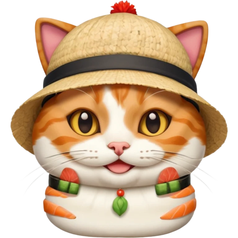 happy cat wearing a hat made out of sushi emoji