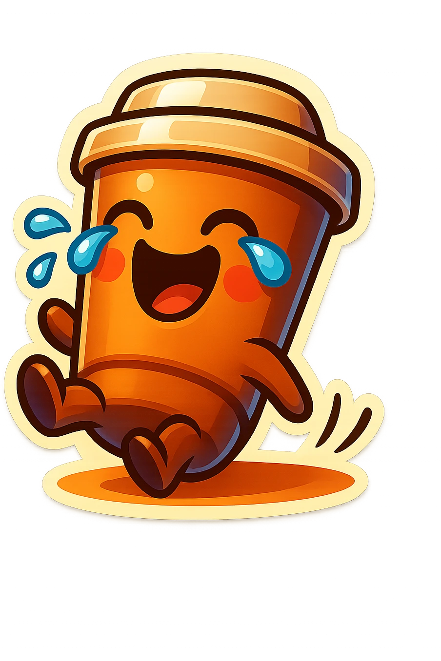 Tall coffee cup, laughing hard, tears in eyes, rolling on ground, dramatic laugh emoji