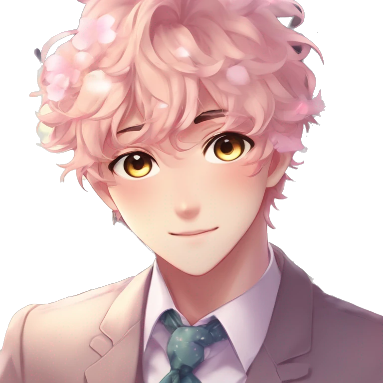 Gorgeous romantic hot attractive anime style formal modern gentlemanly anime shojo guy with pretty hair and flower petals and blushing face aesthetic trending style with colorful gradient colors  pastelcore cottagecore kawaiicore emoji