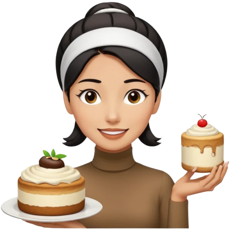  tan skin woman with long face, and short black hair slicked back ponytail with forehead showing, white headband, wearing white turtleneck shirt, eating tiramisu smiling with middle parted hair emoji