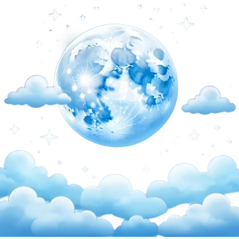 "A dreamy night sky illustration with a glowing full moon, soft clouds, and twinkling stars in shades of blue."
 emoji