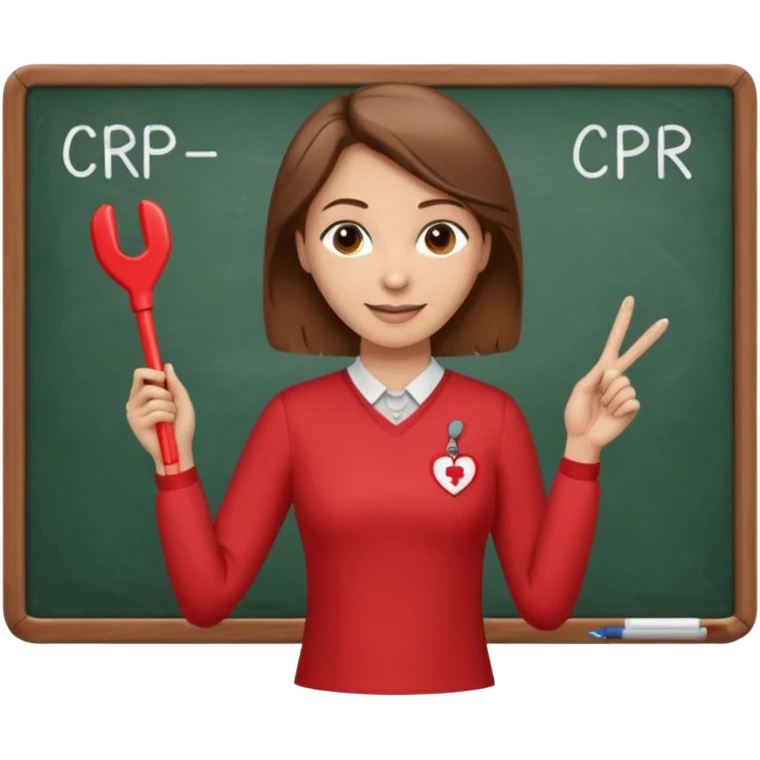 Happy Teacher, female, brown hair up, wearing a red long sleeve top holding a pointer stick to a white board with a CPR logo. emoji