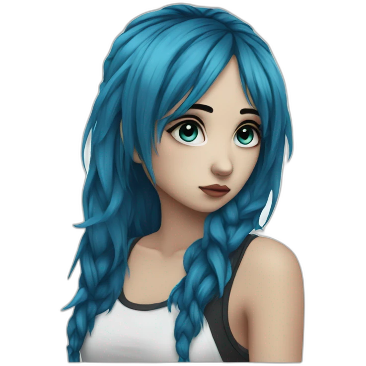 Side profile sad emo girl, black makeup, long choppy blue hair side bangs emoji