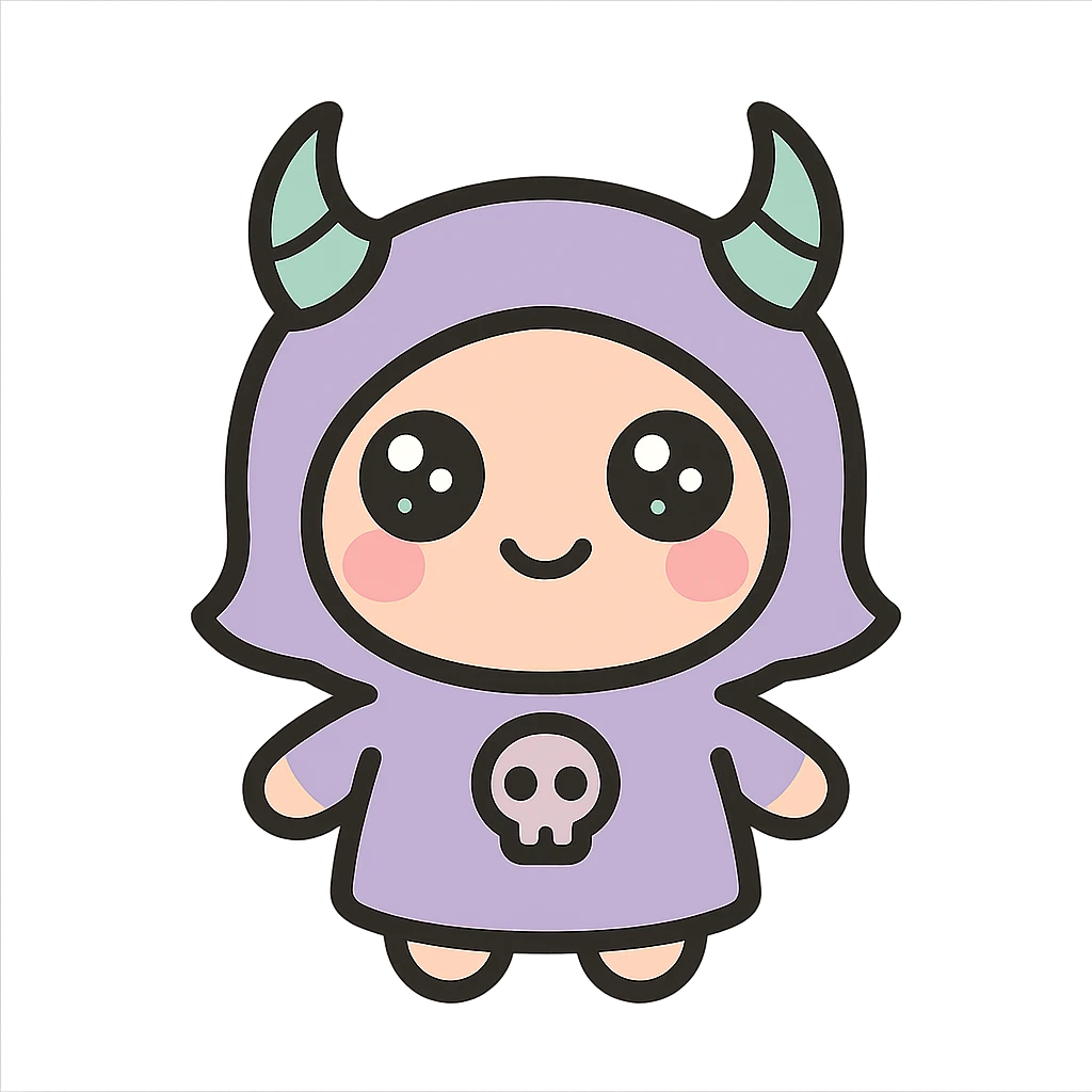 Make the white and black gothic kawaii phone case more minimal, reduce details, keep only one or two simple gothic symbols, big eyes, smiling, playful, cartoonish, no purse references, with no background. emoji