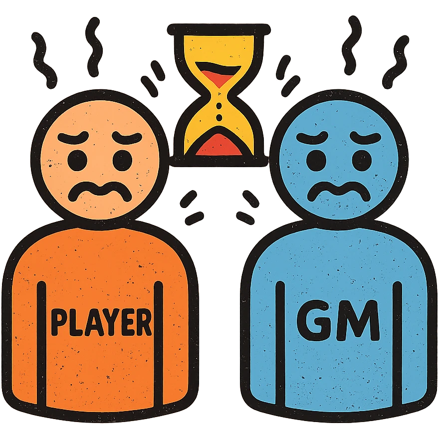 ultra-minimalist icon of two simple figures representing player and GM side by side, trembling clock or hourglass, extremely worn and eroded texture, anxious and stressed expressions, sense of terror emoji