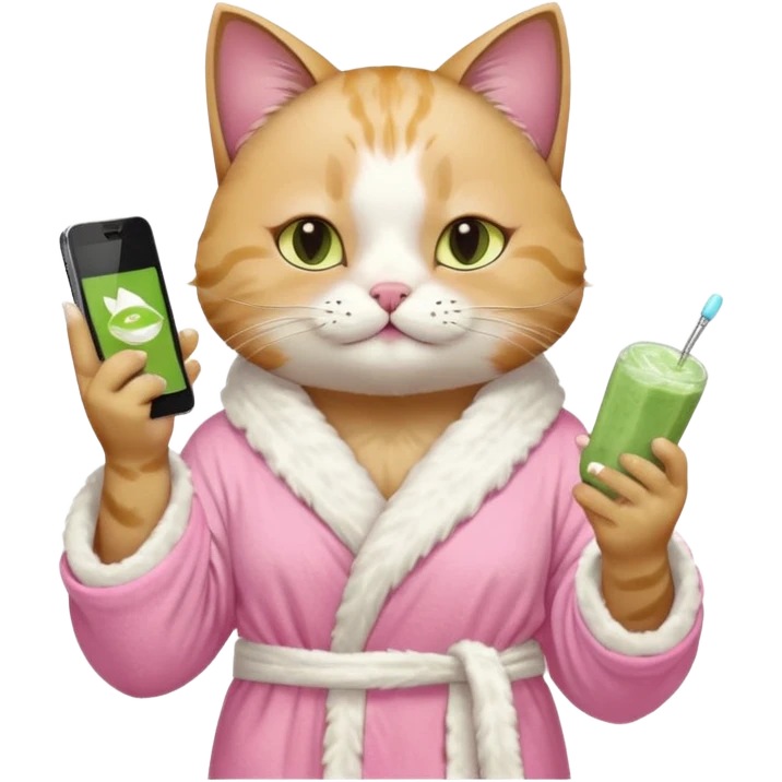 I want a CAT whit a iced macha on her paw and i want her to ne wearing a pink bath rope And she will have a face mask on her face and phone on the opisite paw whit the macha emoji