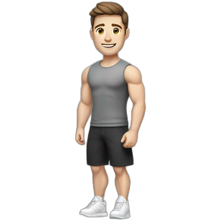 Joyful Pale skinned Fit Man With the biceps and dark brown hair in black shirt, gray sports shorts and white Sneakers emoji