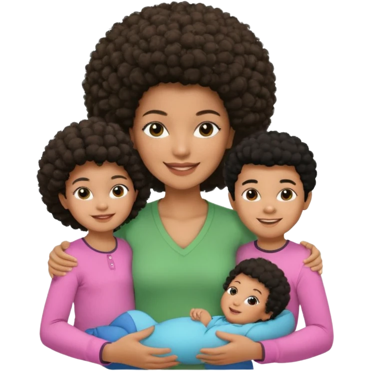 Polaroid photo with a Black woman with an afro hairstyle and a green blouse, two children: a boy with straight hair and a blue shirt, and a baby girl in a pink shirt. All are smiling. emoji
