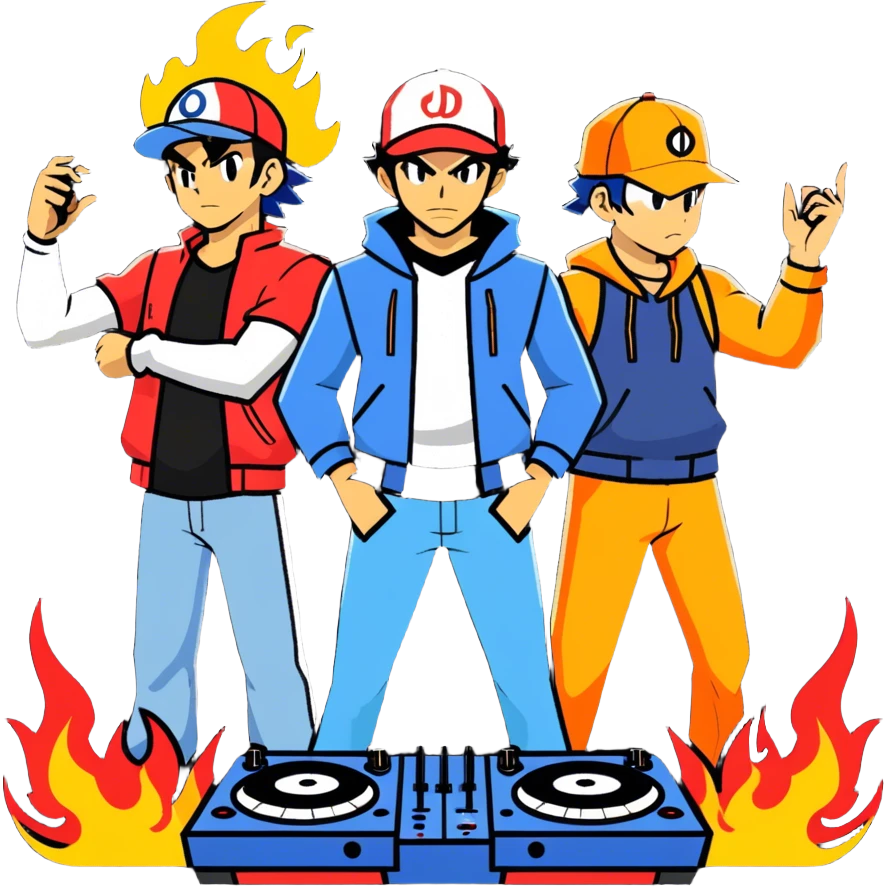 Hot handsomeb muscular 6ft tall ash ketchum being a  dj and his music is on fire while face to face with a dude emoji