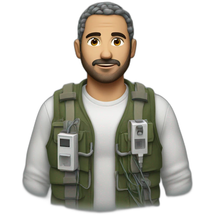 man with keffiyeh wearing bulky vest with electrical wires connecting pockets emoji