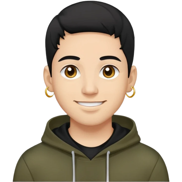 man with smiley face, black hair military cut, brown eyes, wearing 2 circle earrings and a black hoodie emoji