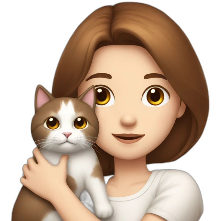 A girl with brown straight hair and a white fluffy cat lying in her arms with eyes of different colors emoji