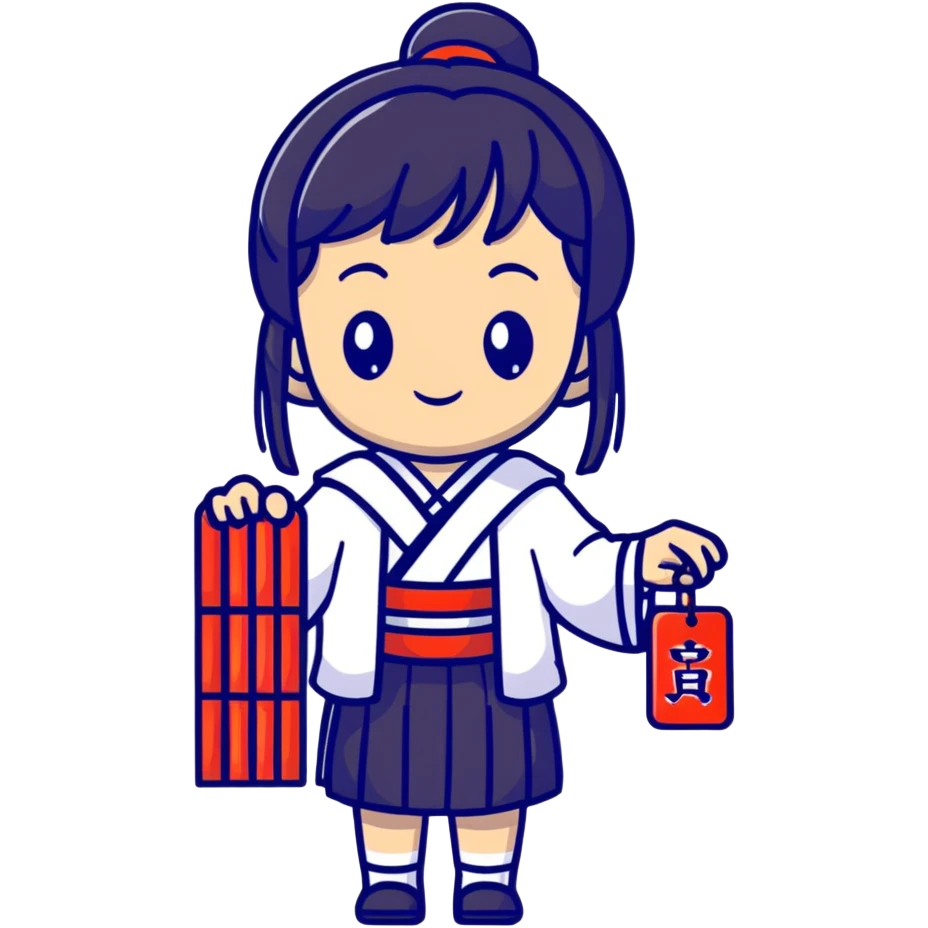 Cute Japanese high school girl buying omamori charm at shrine during school trip emoji