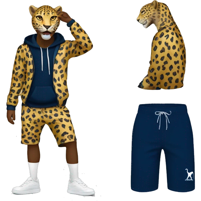 Leopard standing on two feet and having a ralp louren navy blir sip up hoodie on and white shorts  emoji