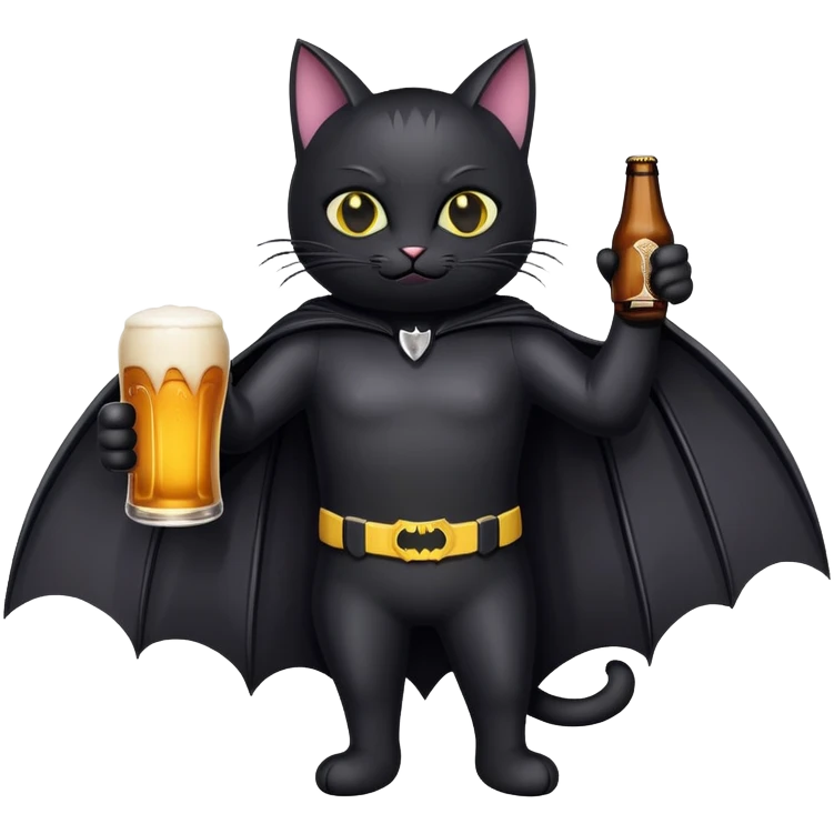 Black cat wearing a bat suit holding a beer emoji