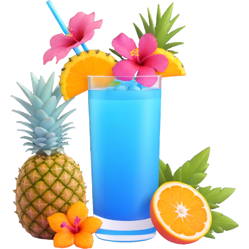 vibrant tropical fruity blue cocktail with hibiscus, pineapple and orange garnishes emoji
