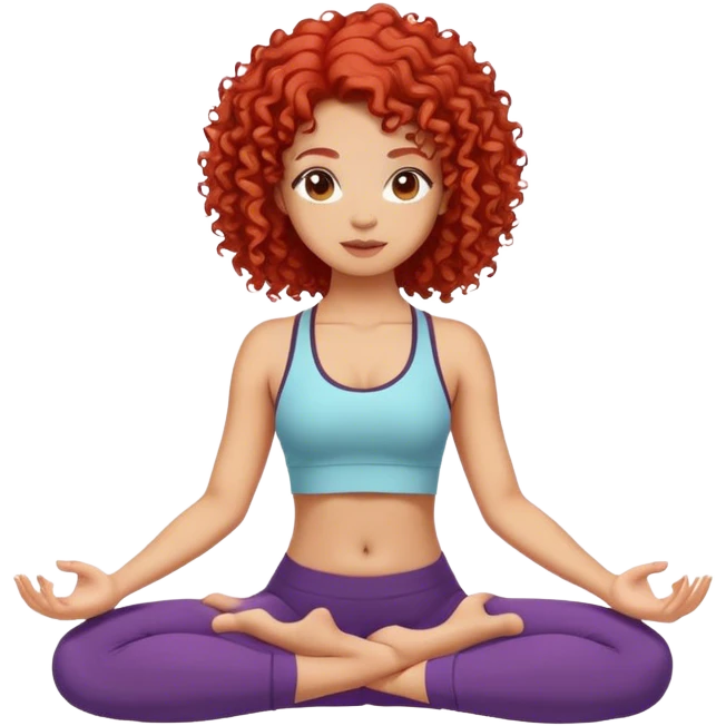 A light skin girl with red hair (curls) doing yoga emoji
