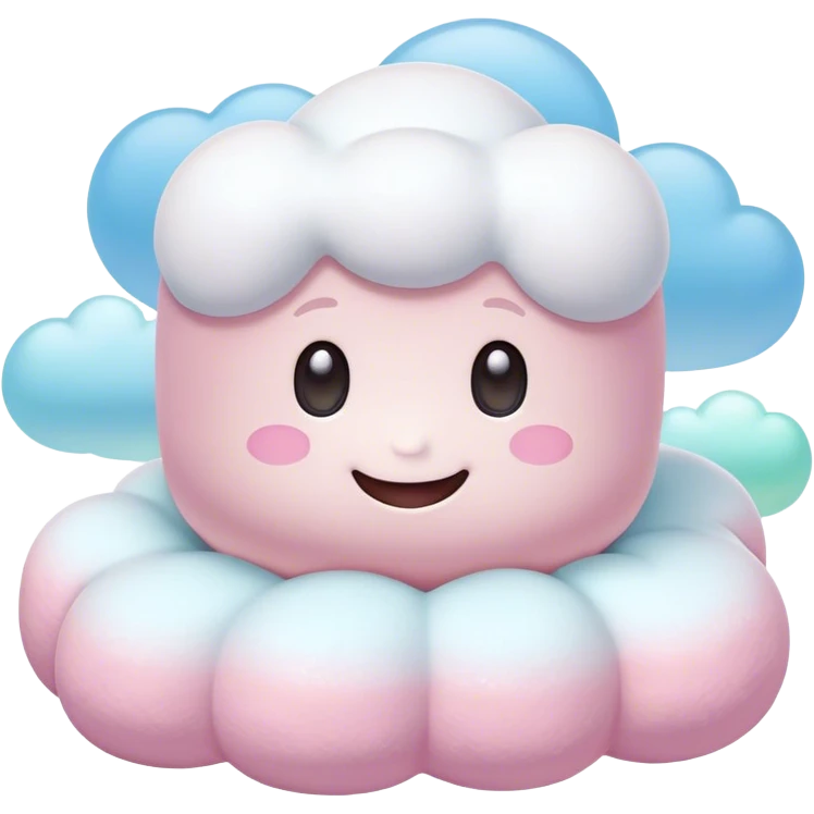 Cinematic fluffy pastel marshmallow character, soft round edges, tiny sparkly eyes, a small happy smile, glowing warmly, floating in a dreamy soft sky. emoji