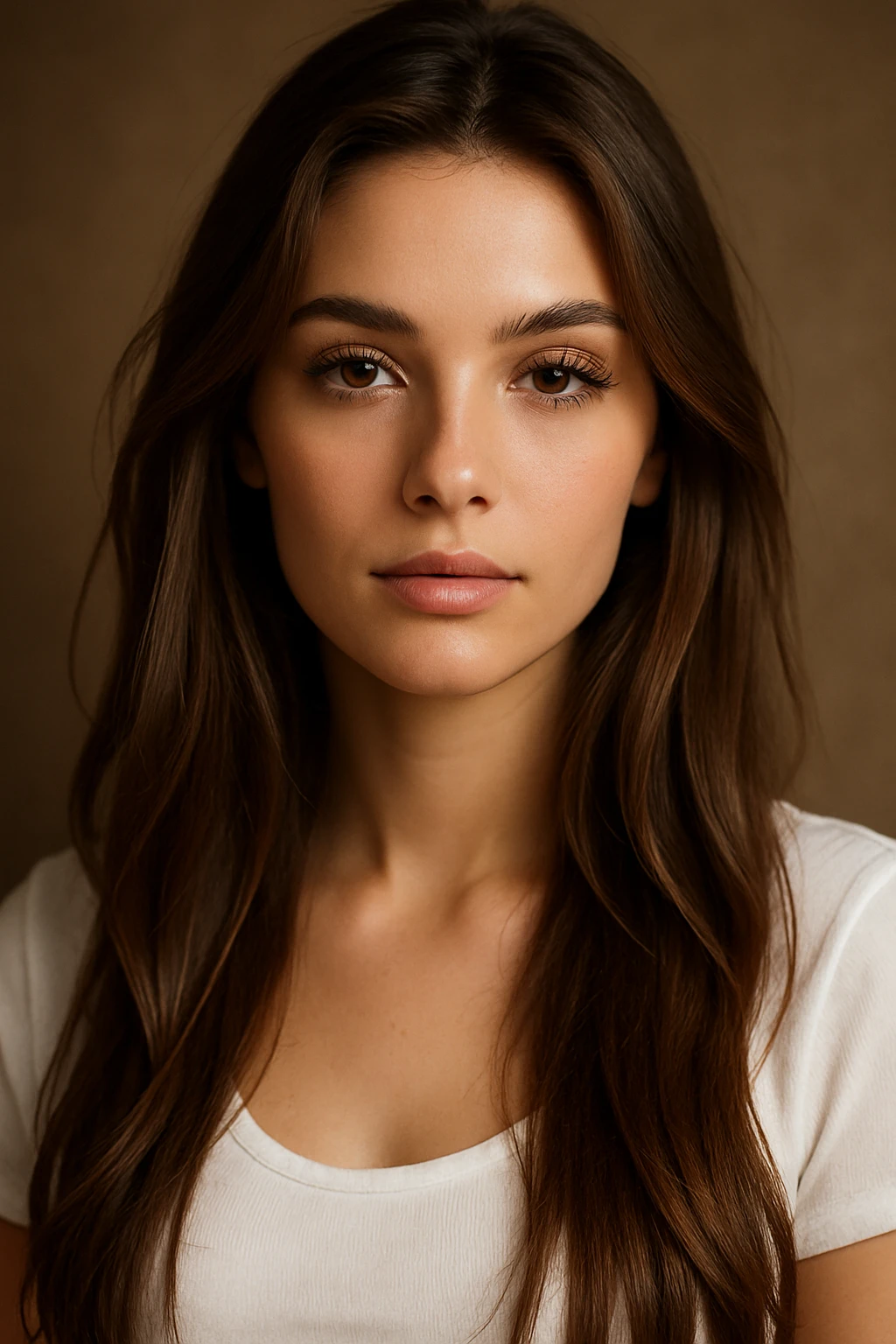 pretty girl with long brown hair, long eyelashes, wearing a white top, attractive facial features, portrait, detailed, beautiful lighting emoji