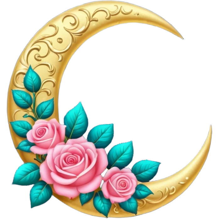 Romantic shiny sparkly glossy glittery vintage crescent damask moon with roses emoji