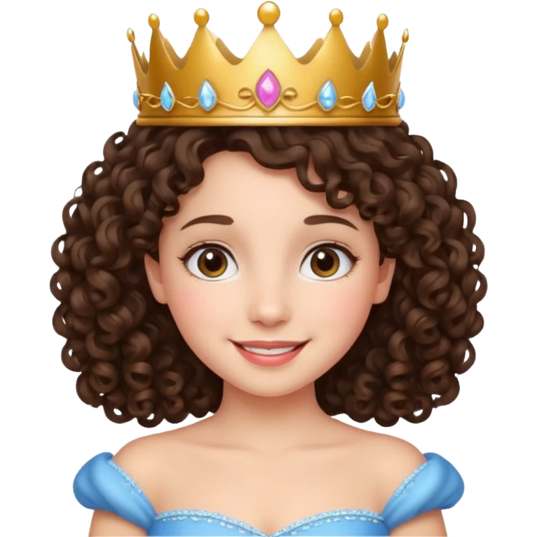 A brunette curly hair girl with a princess crown smiling gently. emoji