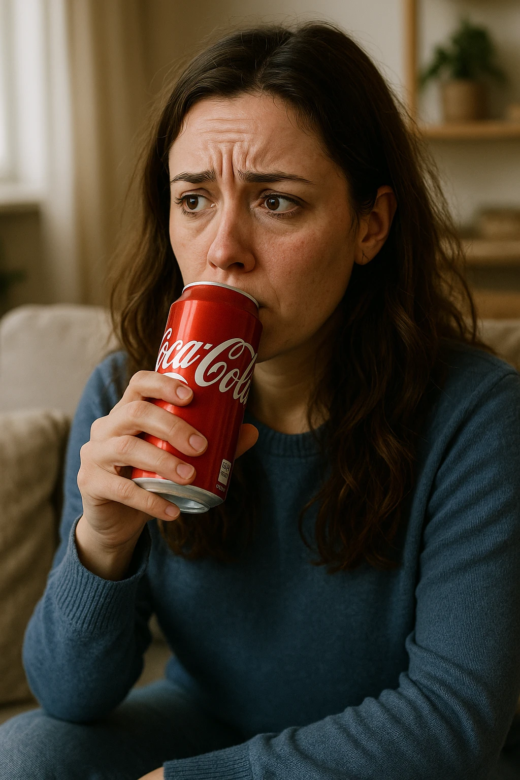 donna con ansia. Che beve coca cola. Immagini realistiche emoji