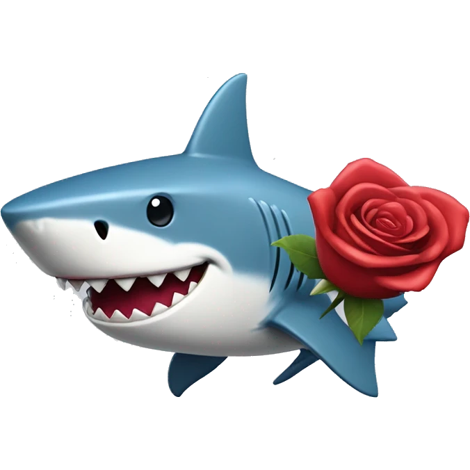 A shark with a big smile holding a rose and a big heart shaped box of chocolates emoji