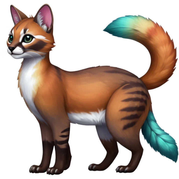 Colorful dark tropical white iridescent glorious divine exotic cute cool beautiful shiny beautiful fantasy-caracal-civet-genet-sergal-vernid-Cacomistle-oncilla-animal-Fakémon-hybrid-fursona (full body) emoji