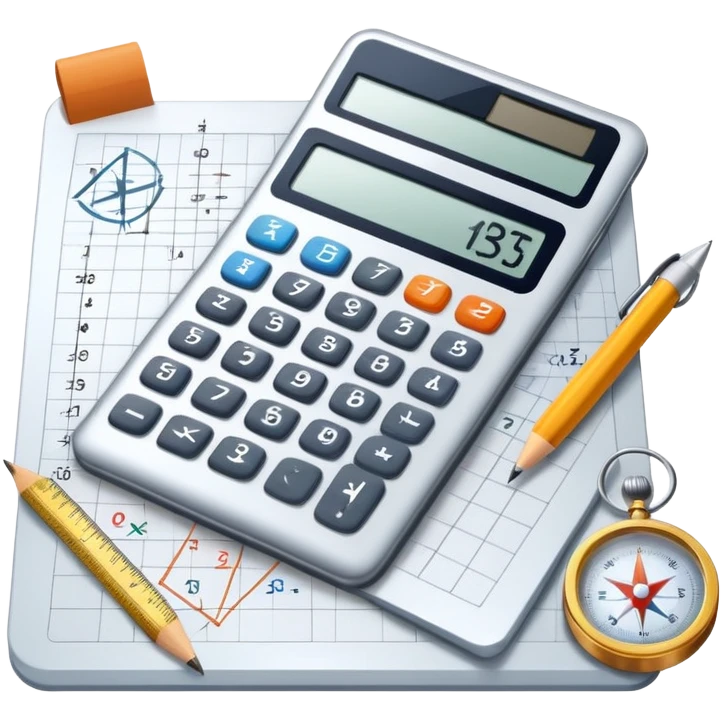 An icon featuring mathematical formulas, a calculator, and geometric shapes, symbolizing mathematics. The design includes numbers, a ruler, and a compass, representing the study of numbers, logic, and equations. Transparent background highlights the science of calculation and analysis emoji