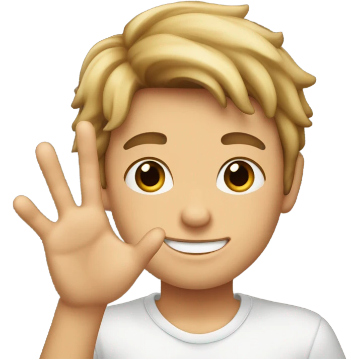 boy with brown hair and blond highlights who smiles and makes the sign of the horns with his hand emoji