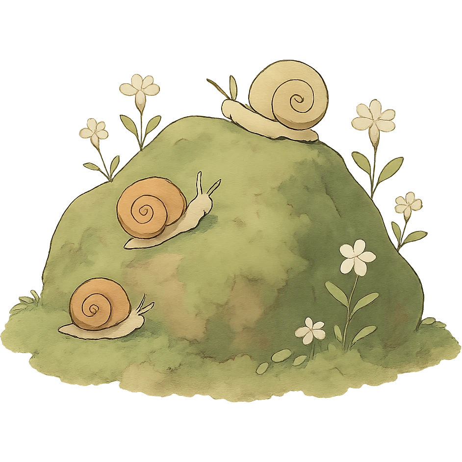 mossy rock with snails and small flowers in earthy pastel colors, ghibli style emoji