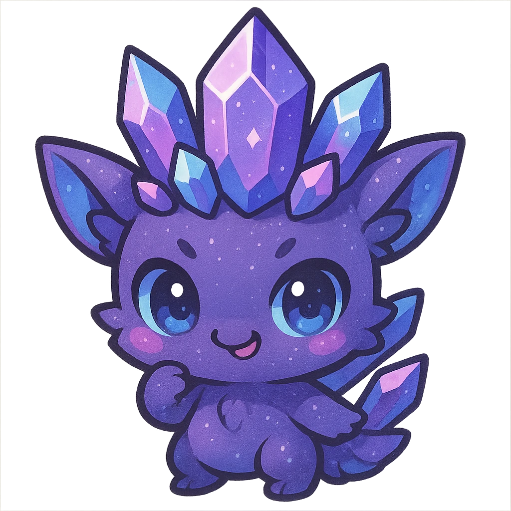 chibi kawaii crystal sprite creature, purple, blue, and pink colors, mischievous expression, cute and adorable emoji