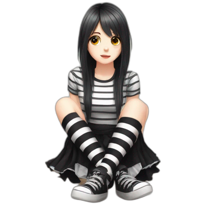 full body Front view emo girl sits on the floor black skirt torn striped stockings emoji